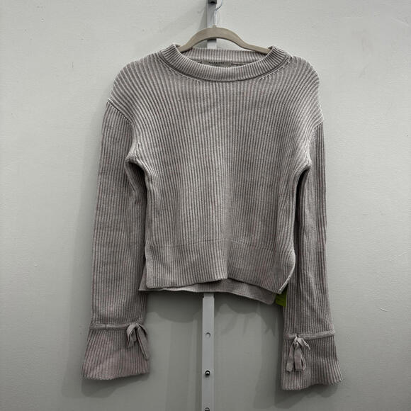 All Saints Beige Ribbed Knit Sweater with Flared Cuffs and Bow Detail